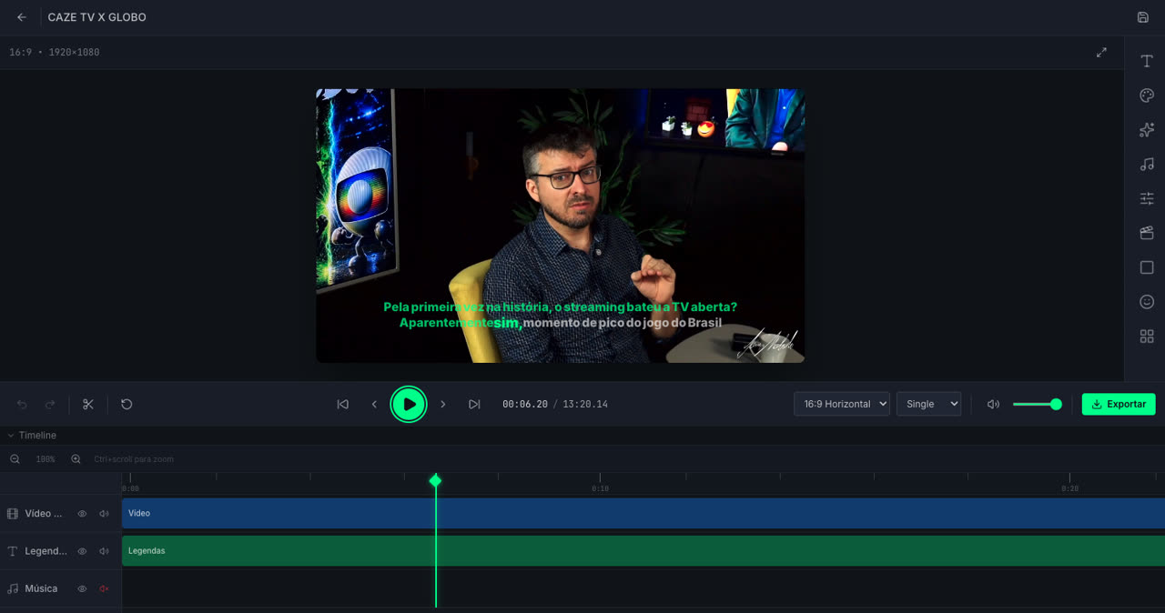 Editor de vídeo do Live-Transcription: timeline com faixas de vídeo, legendas e música, legendas animadas no preview e botão Exportar